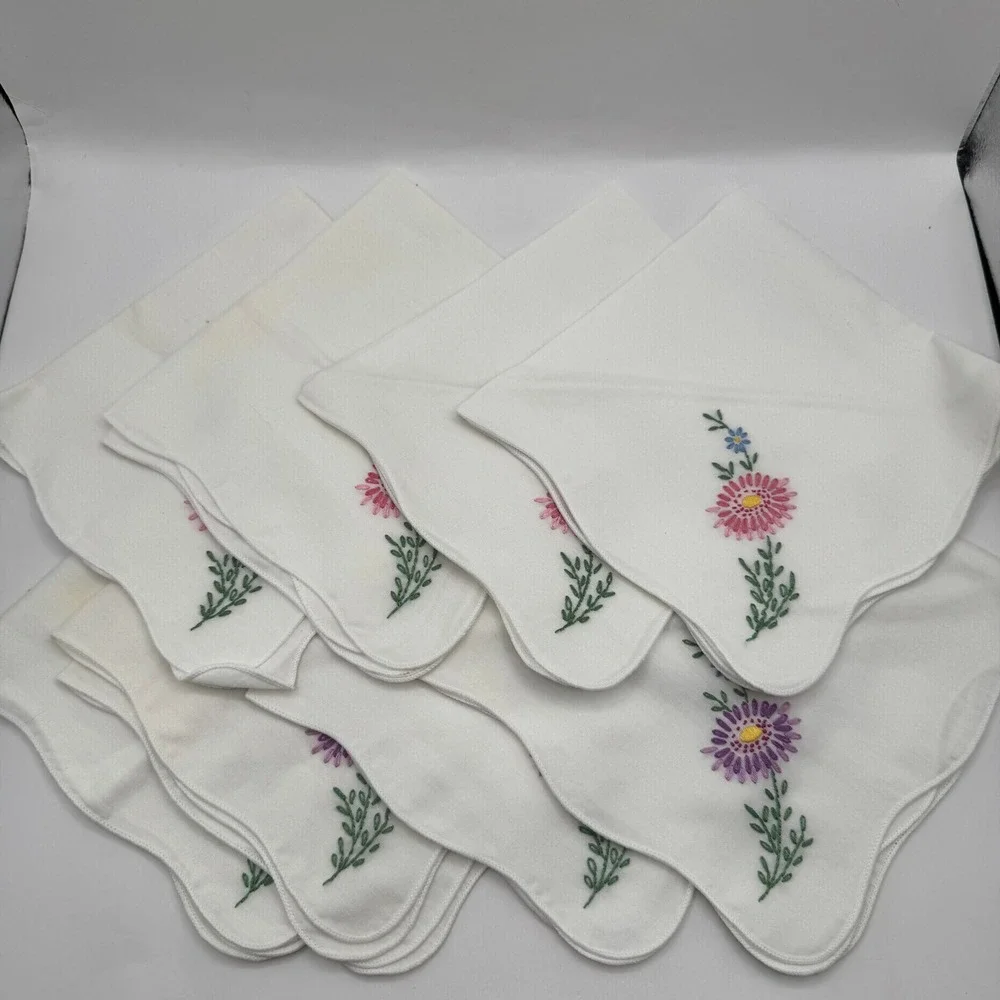 Embroidered Napkins Handkerchiefs White Pink & Purple Floral Scalloped Set 8